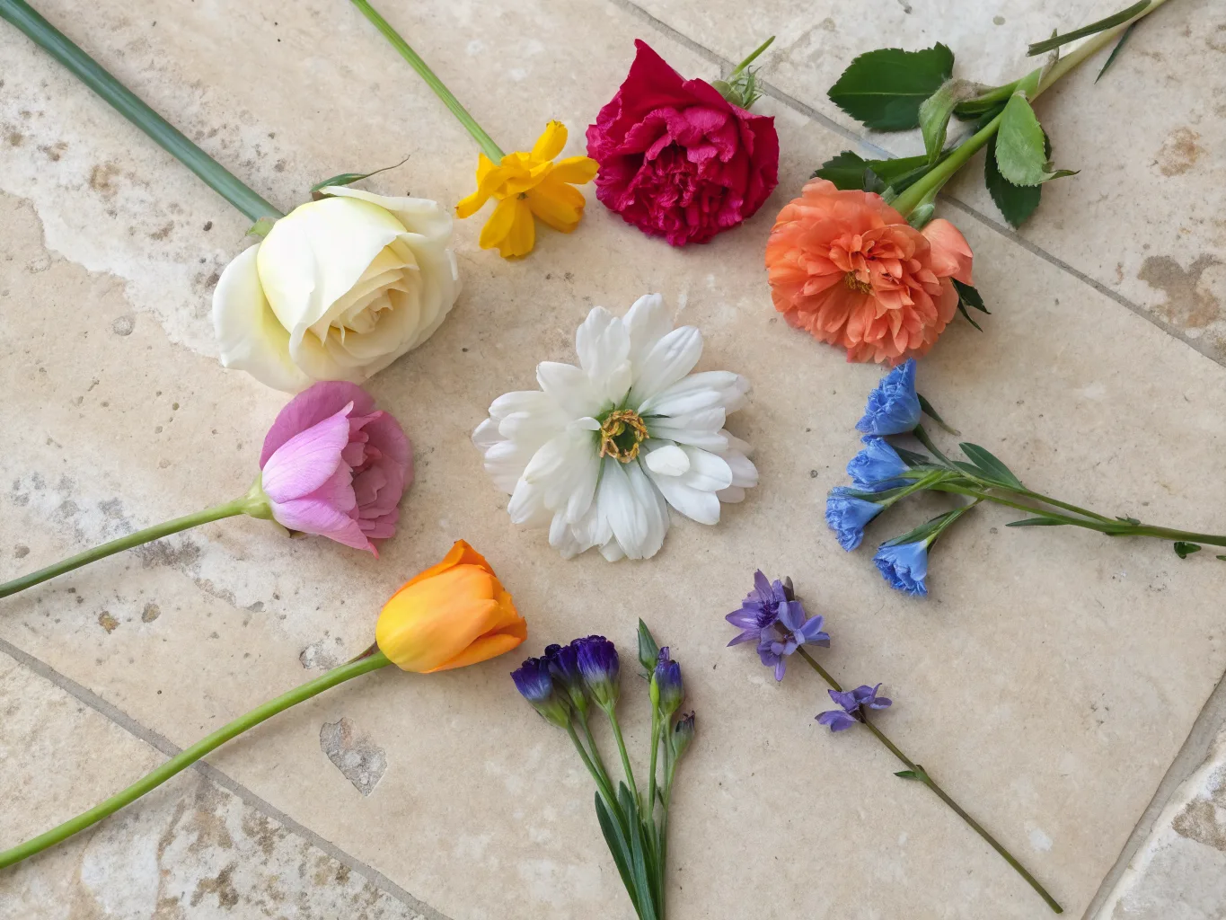 Farbkreis mit 8 Blumen — Weiß, Creme, Rosa, Rot, Gelb, Orange, Lila, Blau