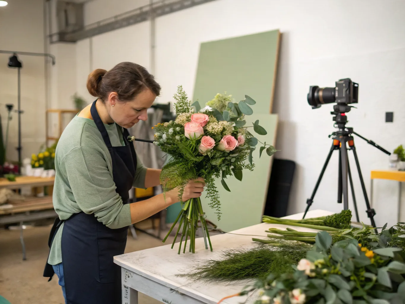 Florist beim professionellen Binden eines Straußes